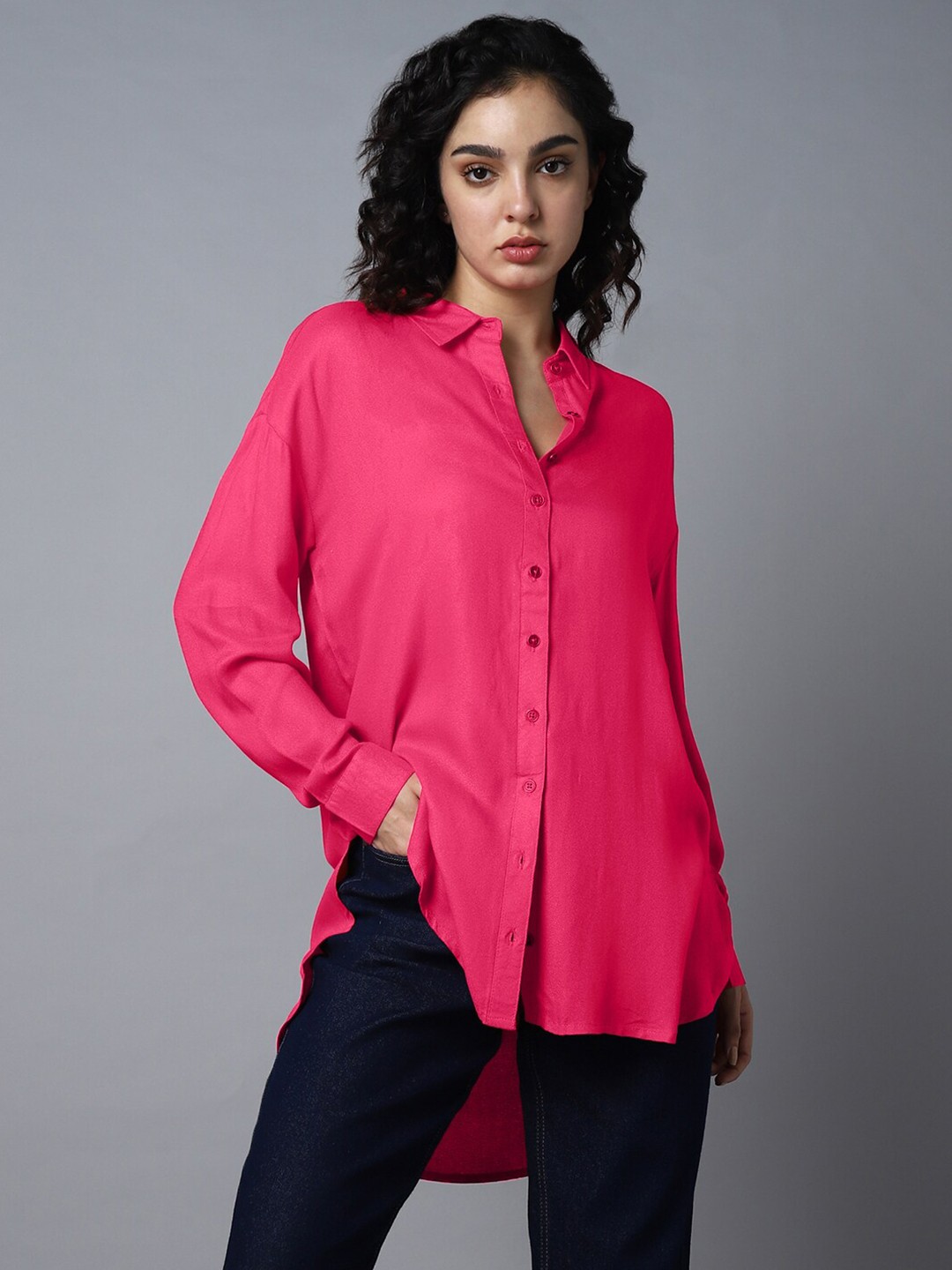 

High Star Spread Collar Classic Boxy Opaque Casual Shirt, Pink