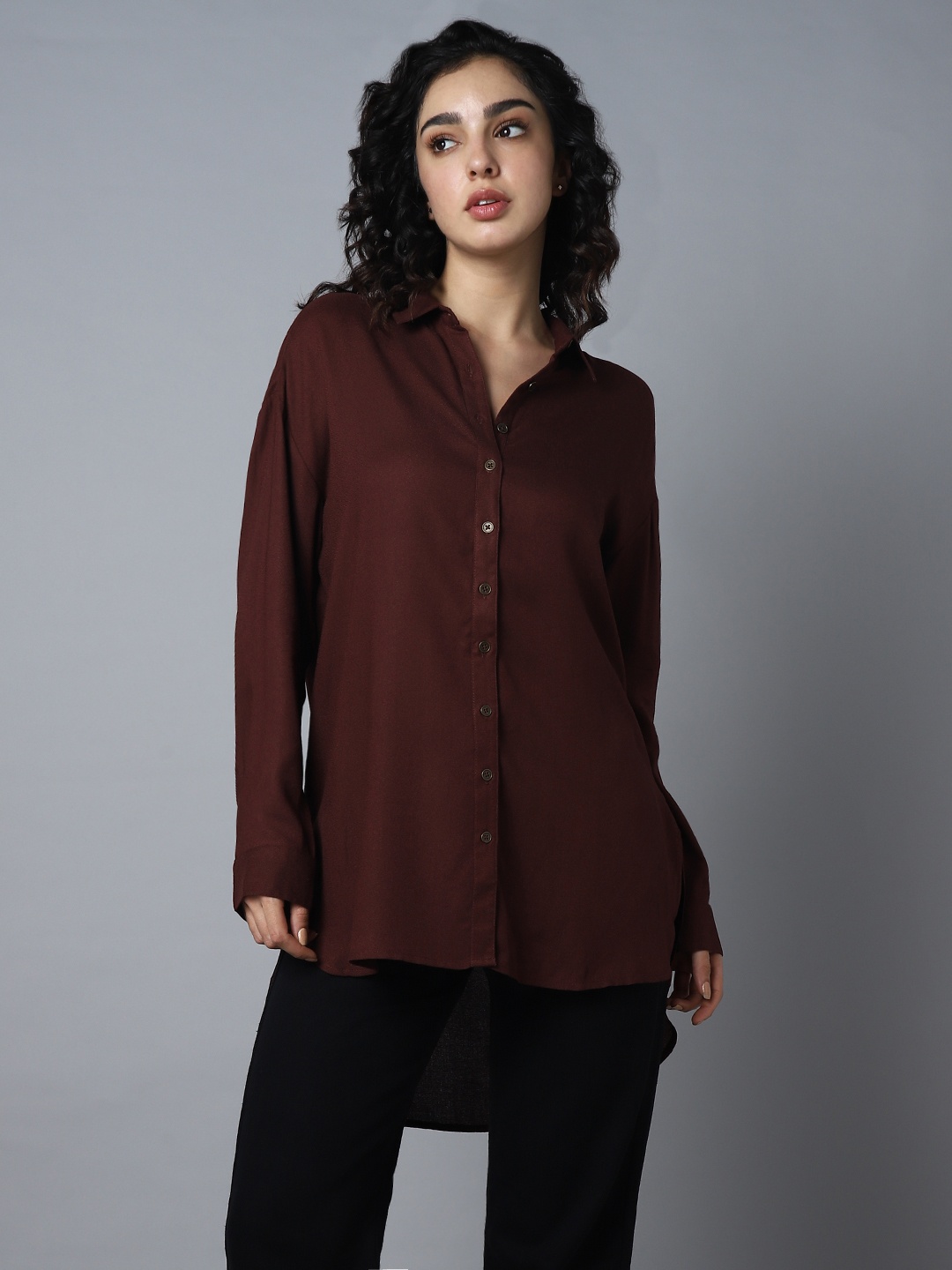 

High Star Classic Oversized Spread Collar Long Sleeves Casual Shirt, Brown