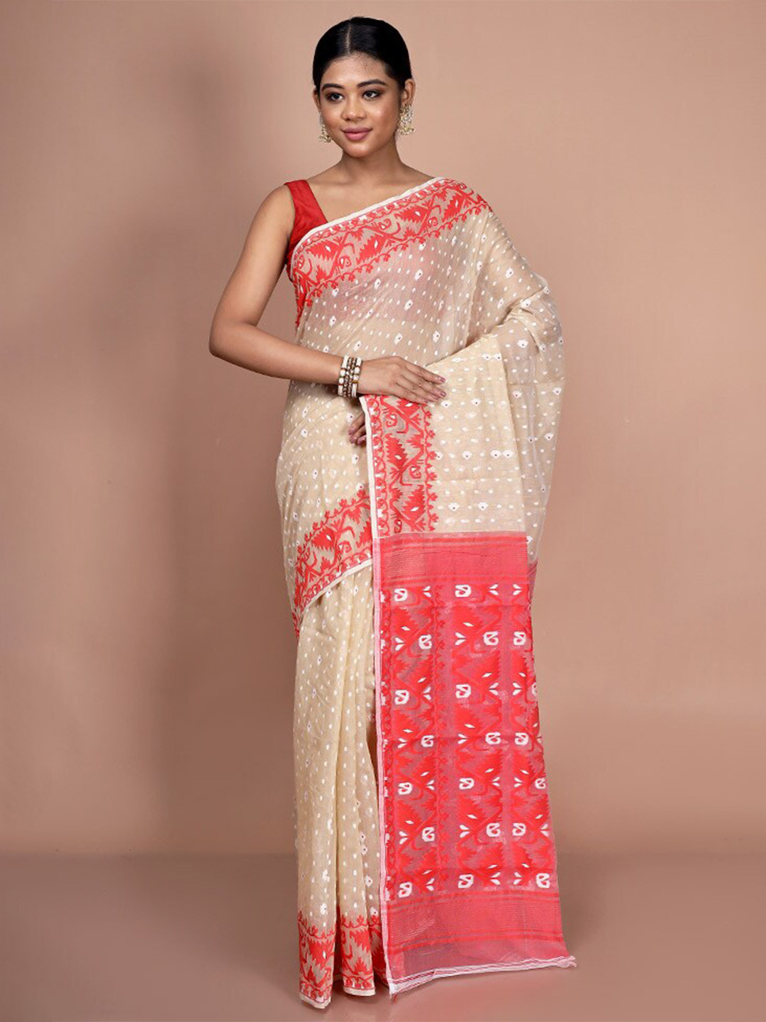 

AllSilks Ethnic Motifs Printed Taant Saree, Cream