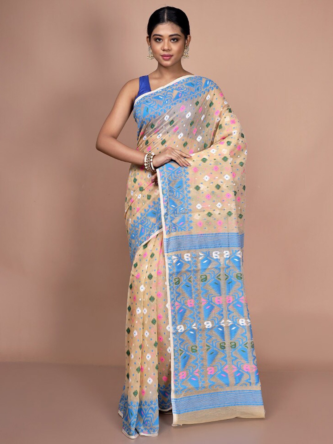 

AllSilks Ethnic Motifs Woven Design Jamdani Saree, Cream