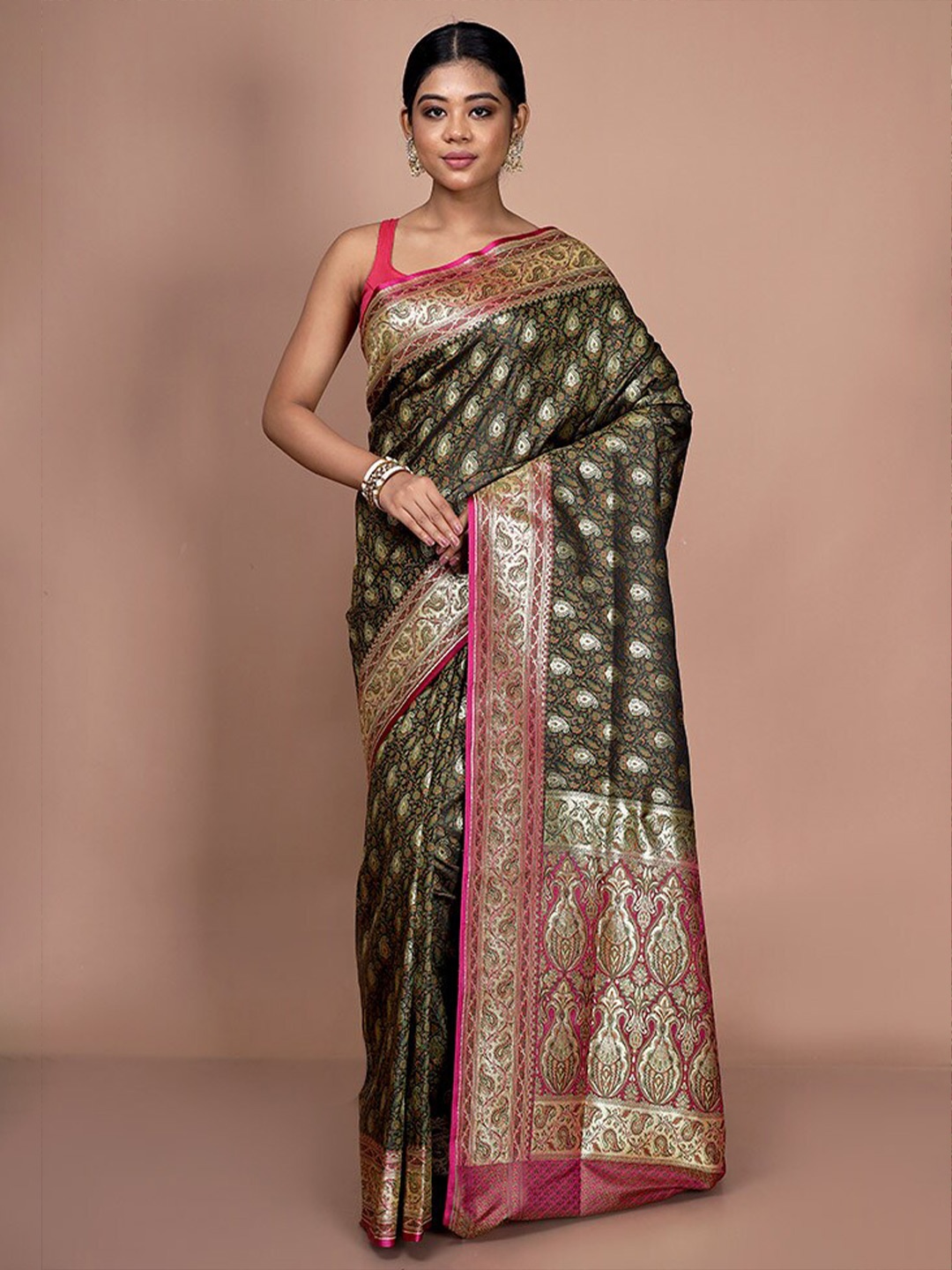 

AllSilks Ethnic Motifs Woven Design Zari Detailed Banarasi Saree, Black