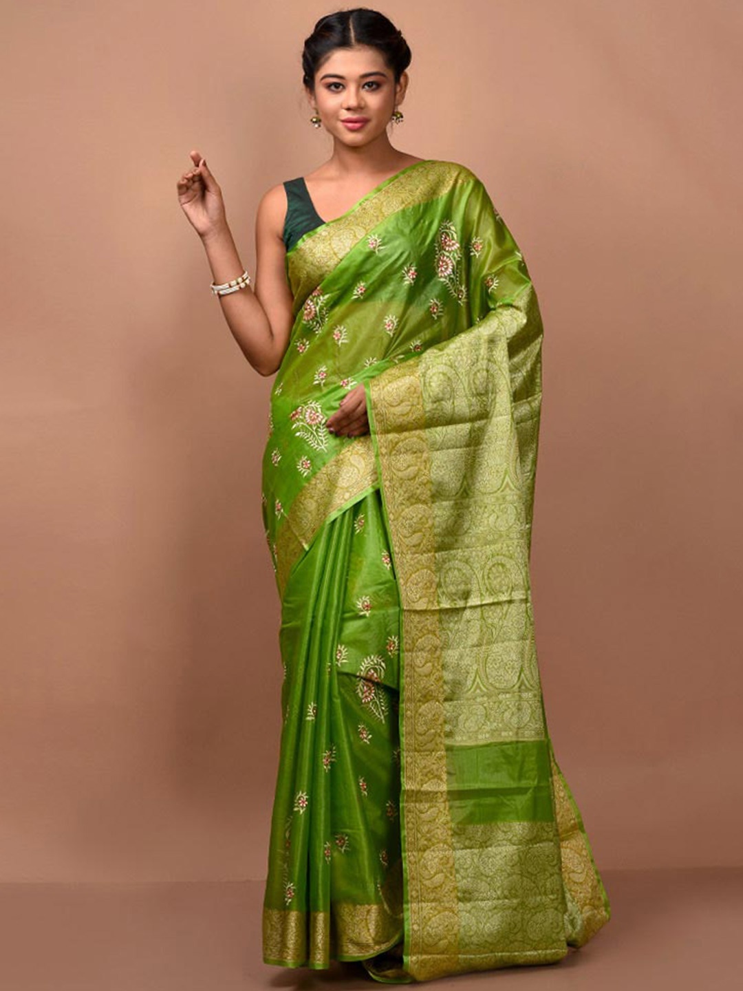 

AllSilks Ethnic Motifs Woven Design Zari Saree, Green