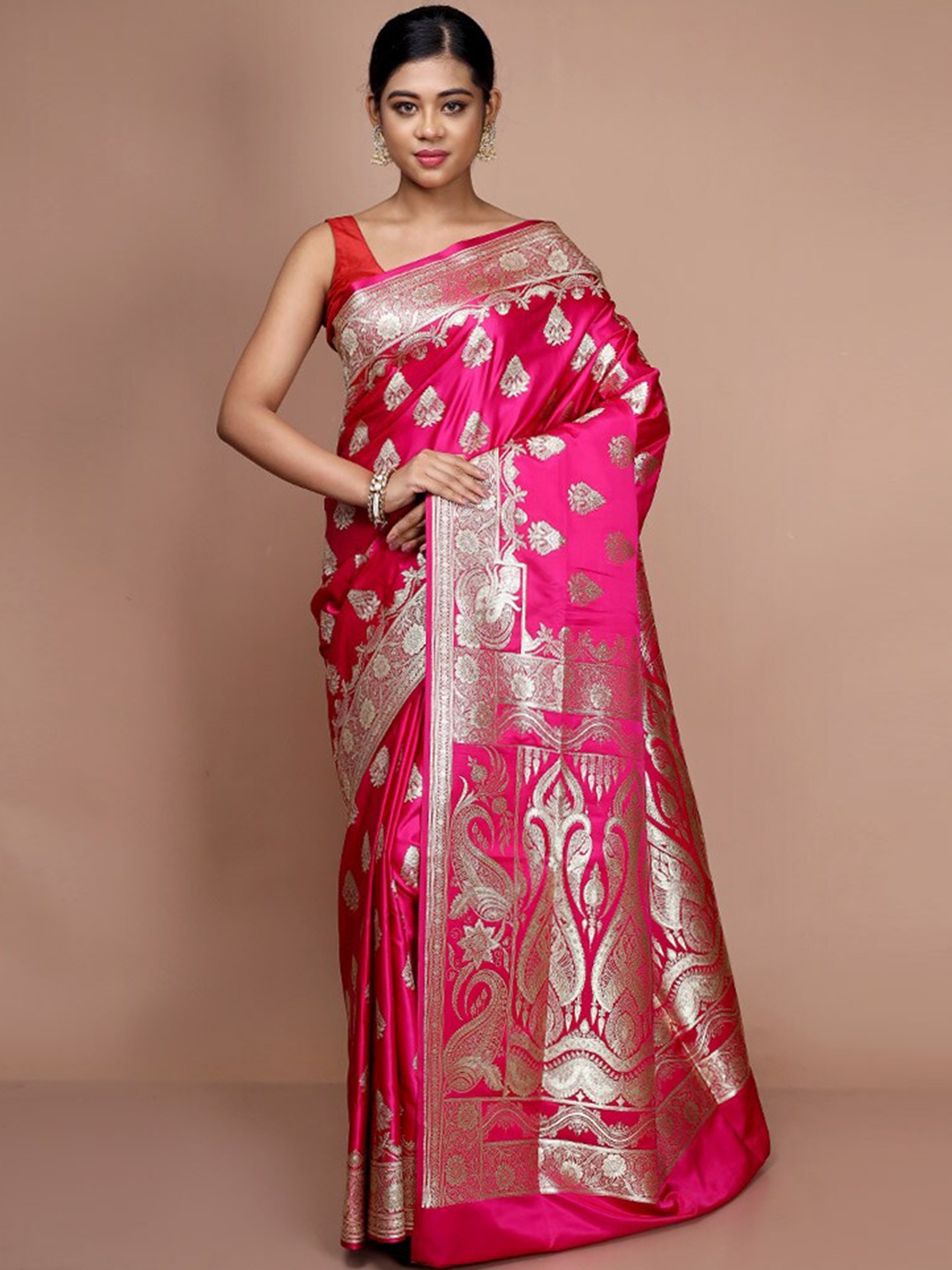

AllSilks Woven Design Zari Art Silk Banarasi Saree, Pink