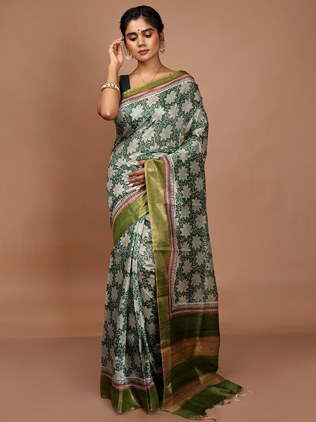 

AllSilks Floral Printed Zari Art Silk Saree, Green
