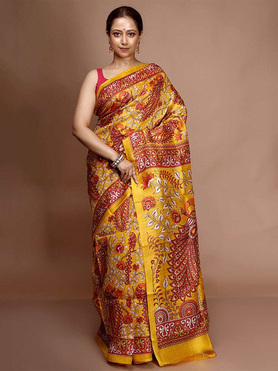 

AllSilks Ethnic Motifs Printed Pure Silk Saree, Yellow