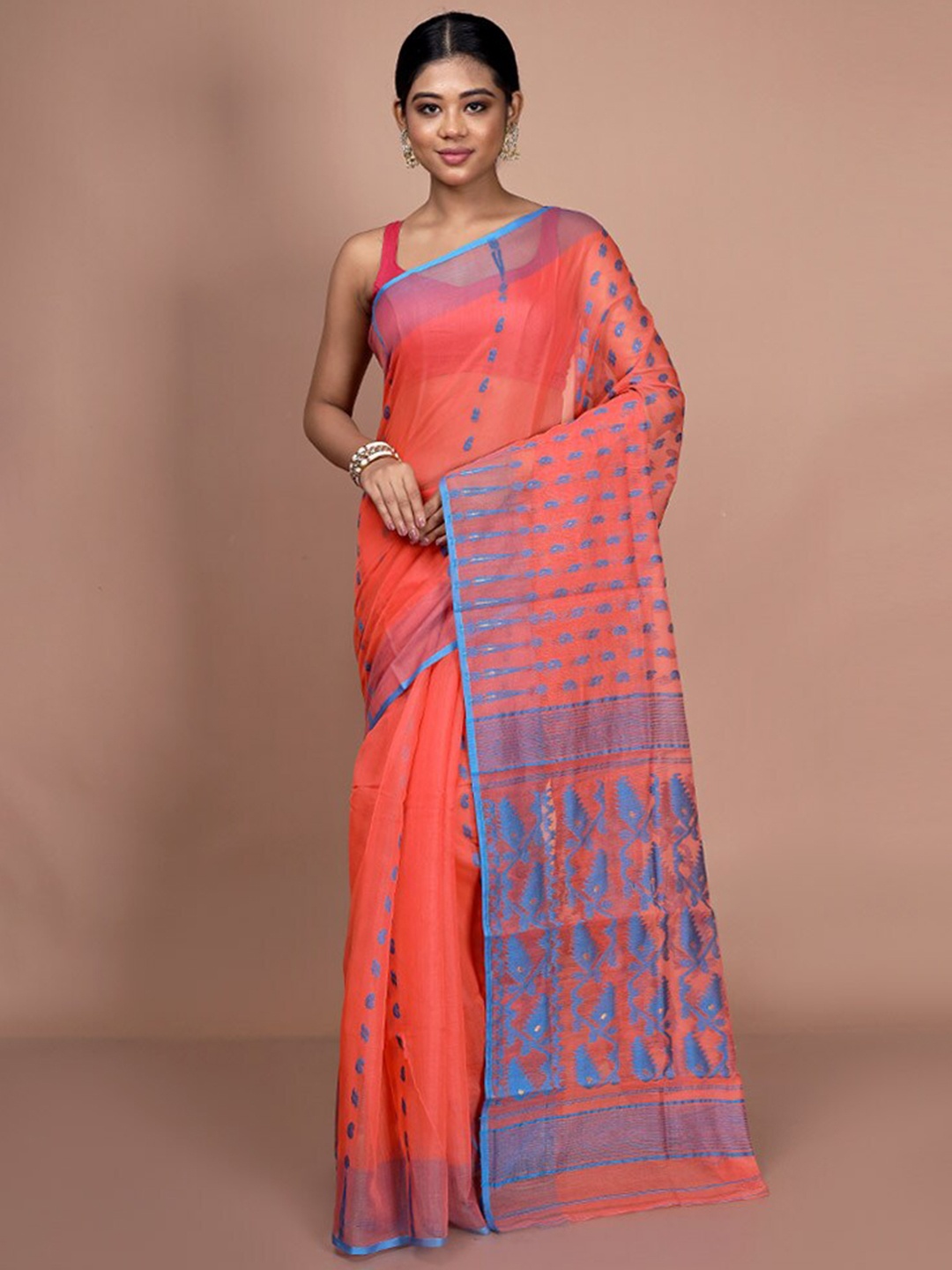 

AllSilks Ethnic Motifs Woven Design Taant Saree, Rust