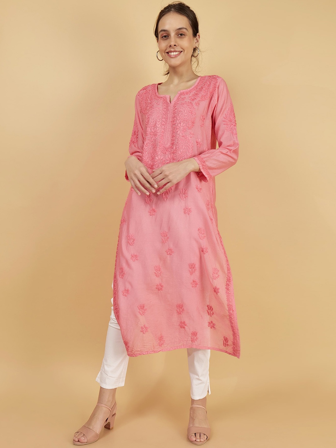 

Syrish Ethnic Motifs Embroidered Thread Work Chanderi Silk Straight Kurta, Pink