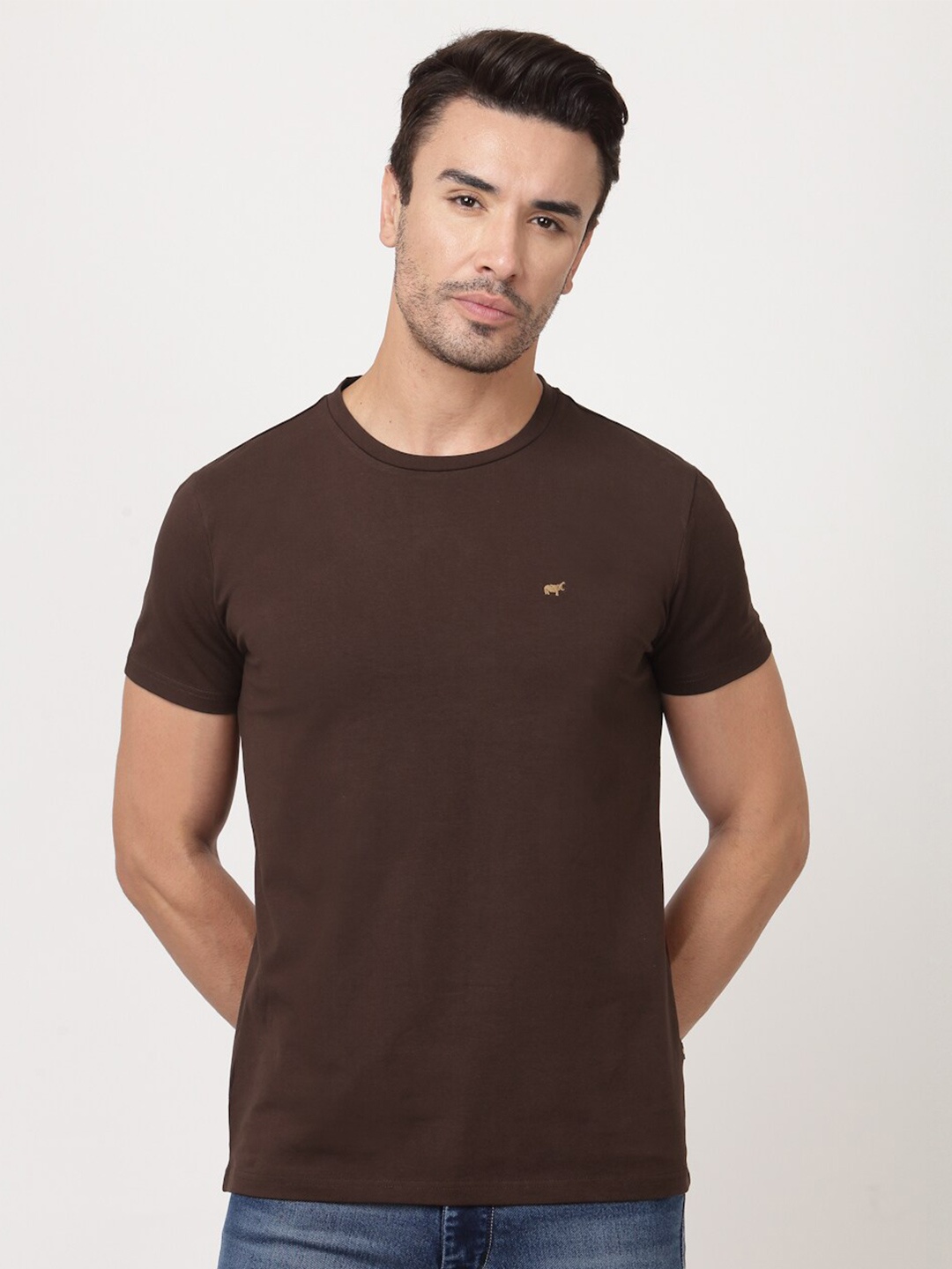 

BRACLO Round Neck Cotton Casual T-shirt, Brown