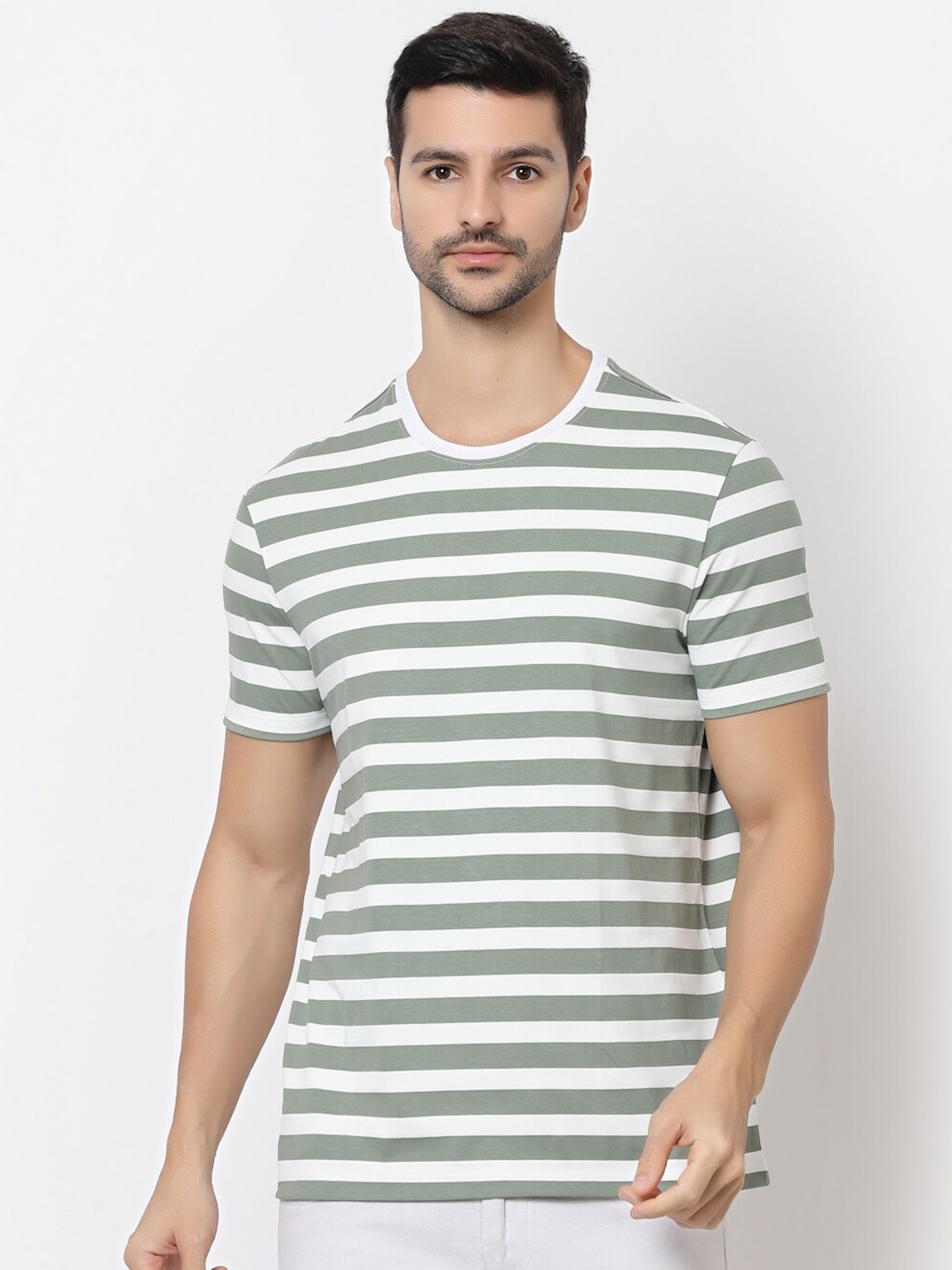 

BRACLO Striped Cotton Casual T-shirt, Green