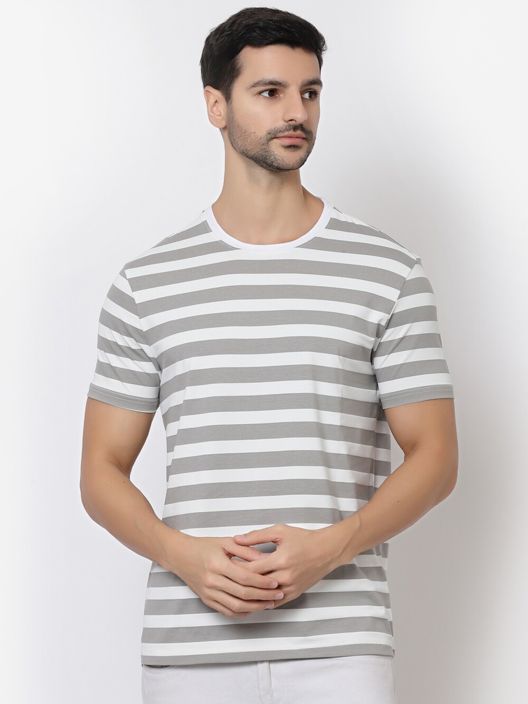 

BRACLO Striped Cotton Casual T-shirt, Silver