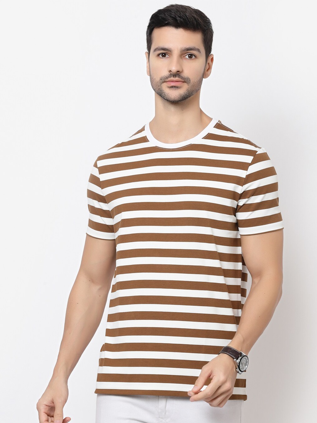 

BRACLO Striped Cotton Casual T-shirt, Tan