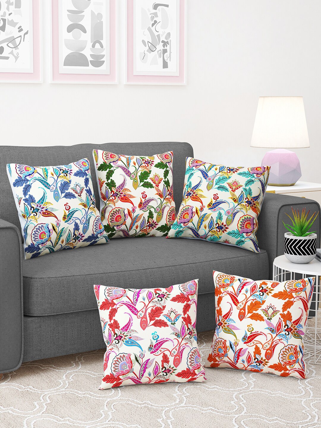 

Story@home Blue & White 5 Pieces Floral Square Cushion Covers