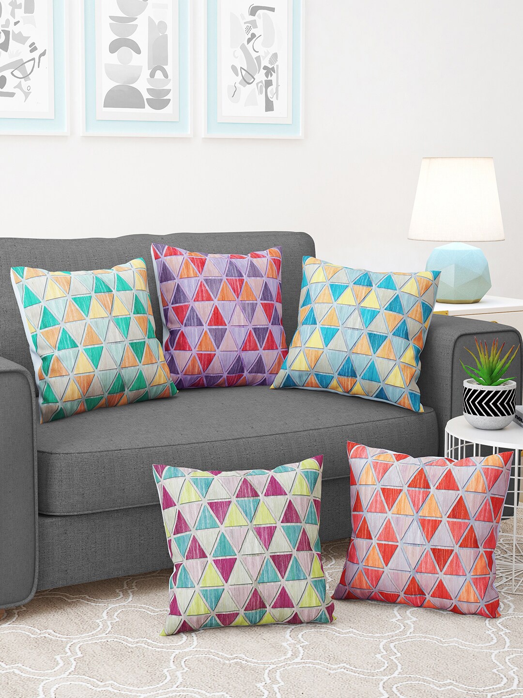 

Story@home Orange & Blue 5 Pieces Geometric Printed Square Cushion Covers