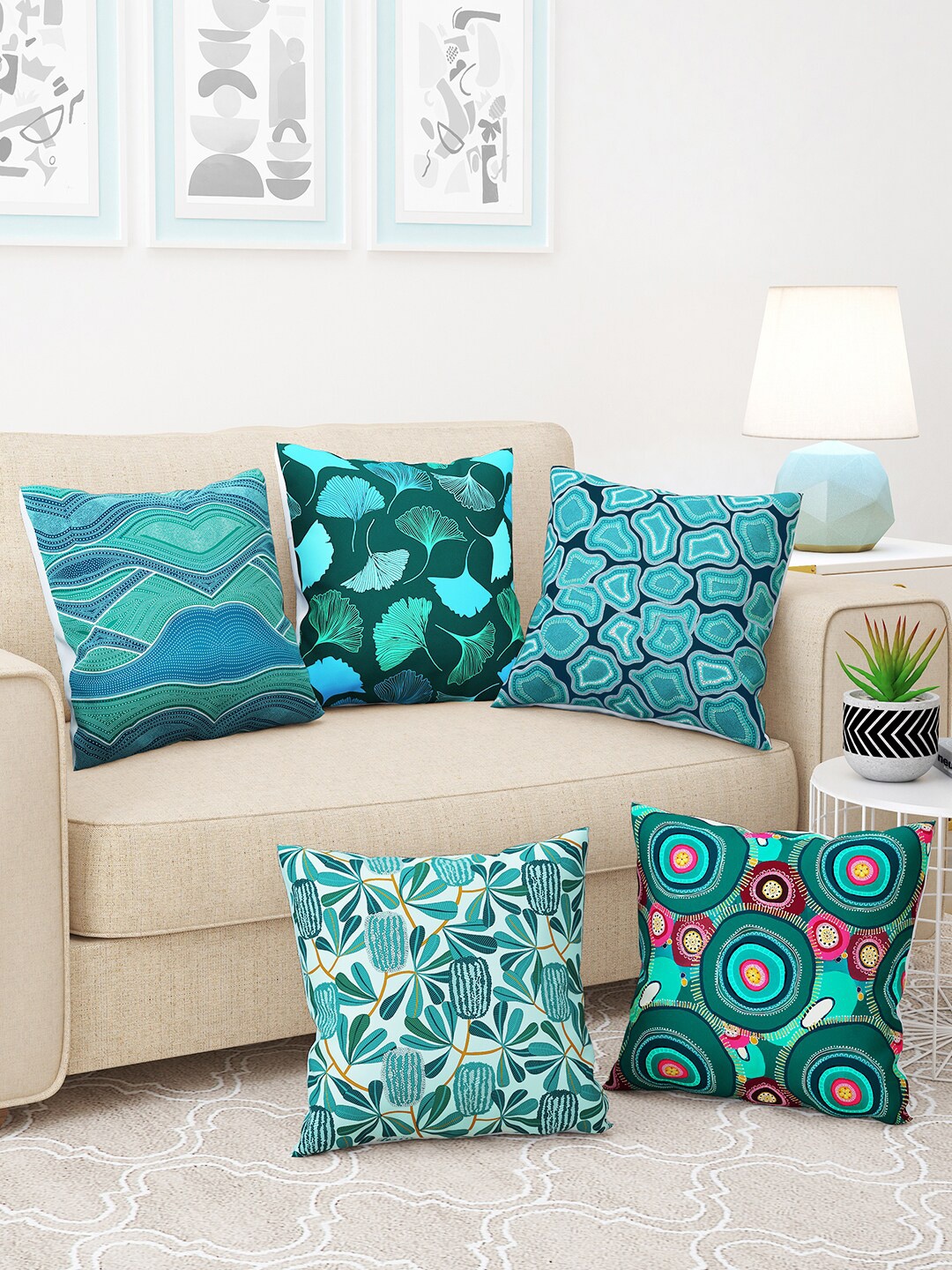 

Story@home Turquoise Blue & Green 5 Pieces Floral Square Cushion Covers