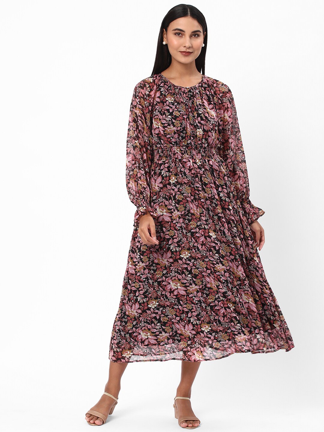 

R&B Floral Printed Puff Sleeves Smocked Fit & Flare Dress, Black