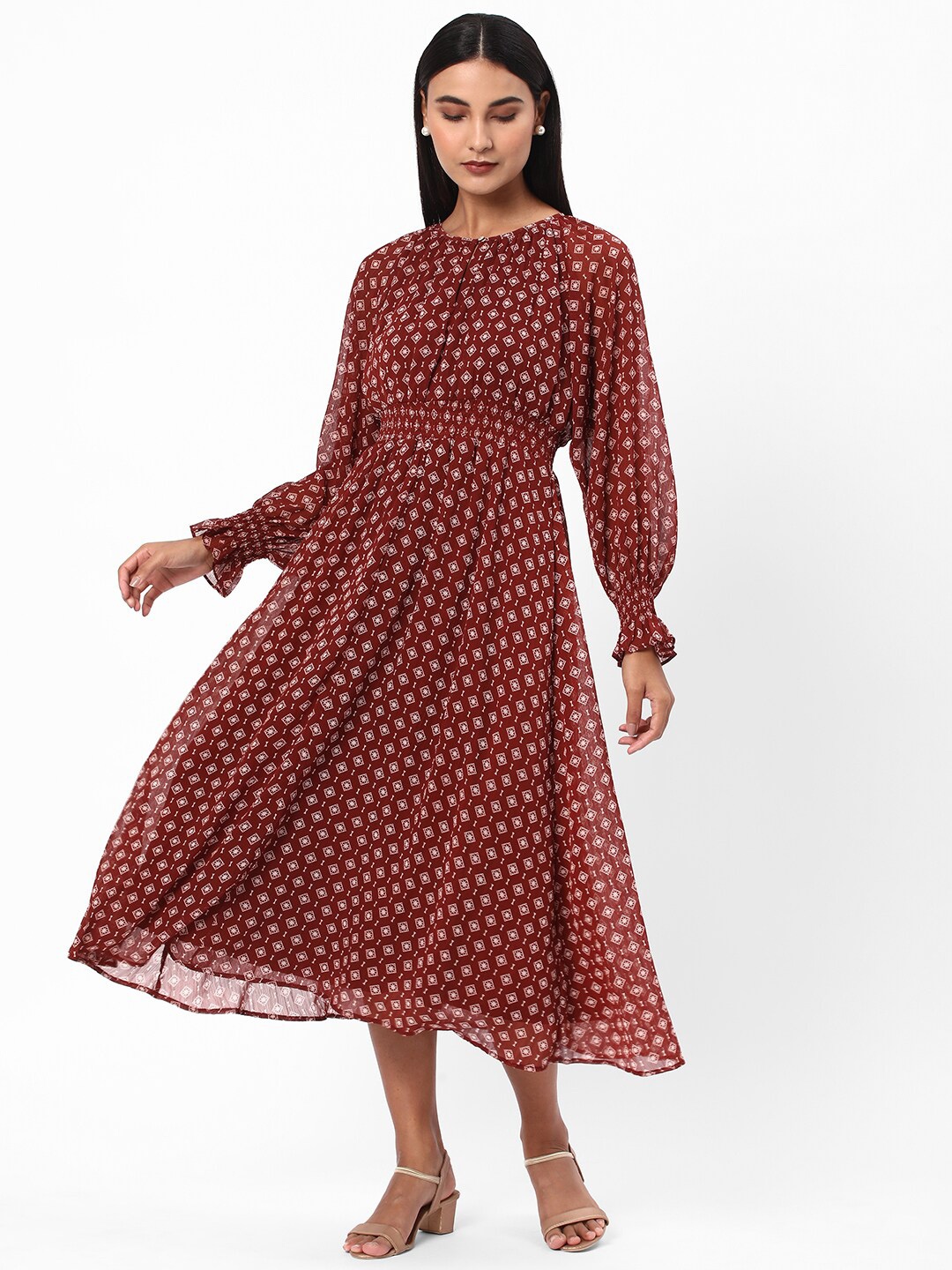 

R&B Geometric Printed Puff Sleeves Smocked Fit & Flare Dress, Rust