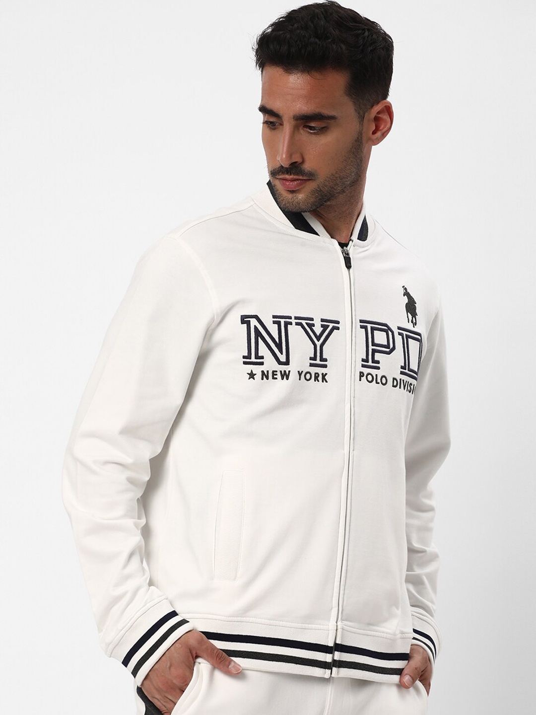 

R&B Typography Embroidered Mock Collar Cotton Bomber, Beige