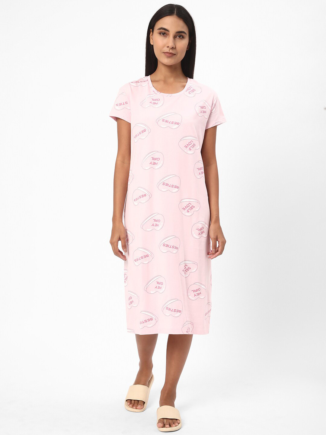 

R&B Typography Printed Pure Cotton Midi T-shirt Nightdress, Pink
