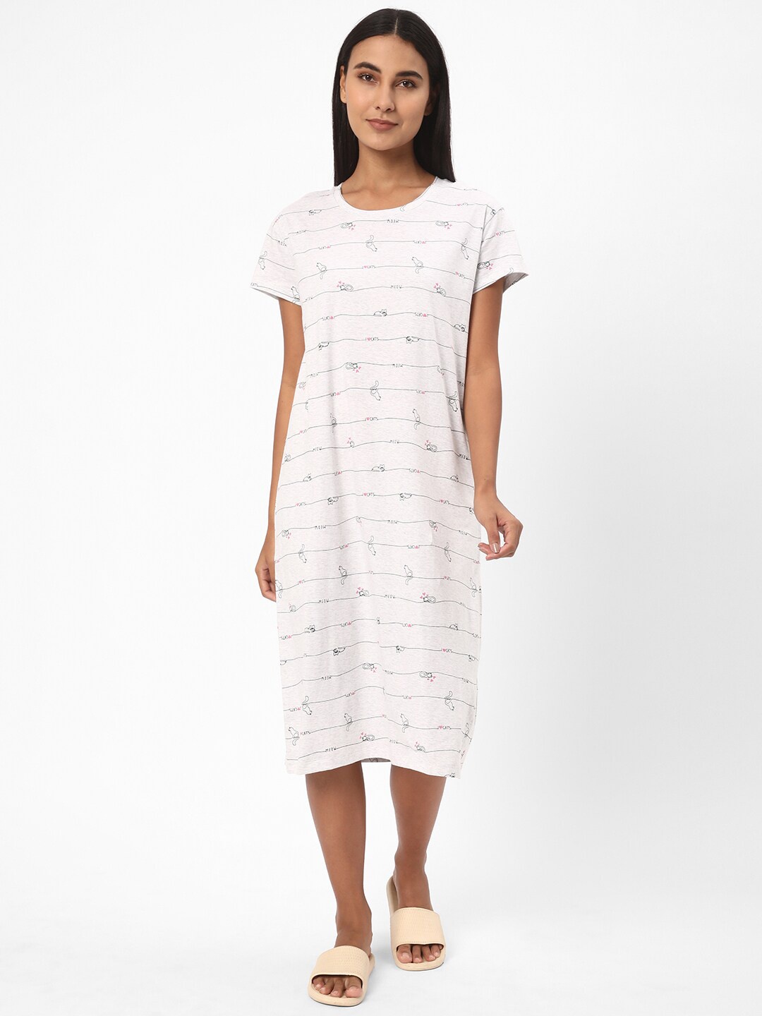 

R&B Typography Printed Pure Cotton Midi T-shirt Nightdress, Grey