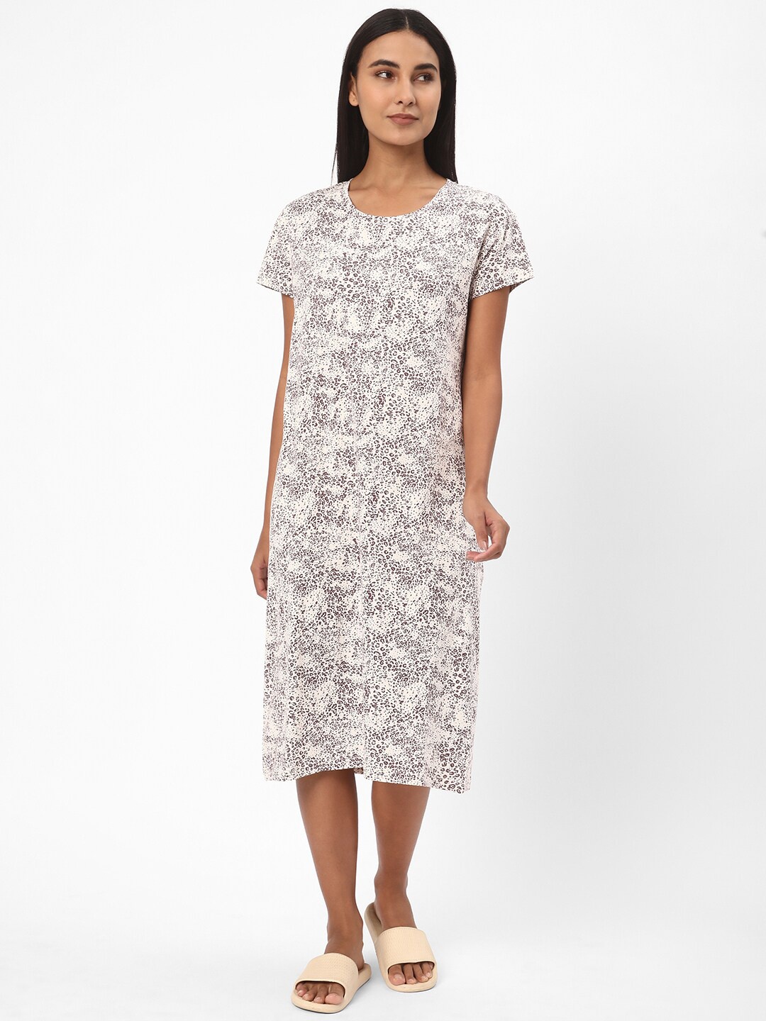 

R&B Abstract Printed Pure Cotton Midi Nightdress, White
