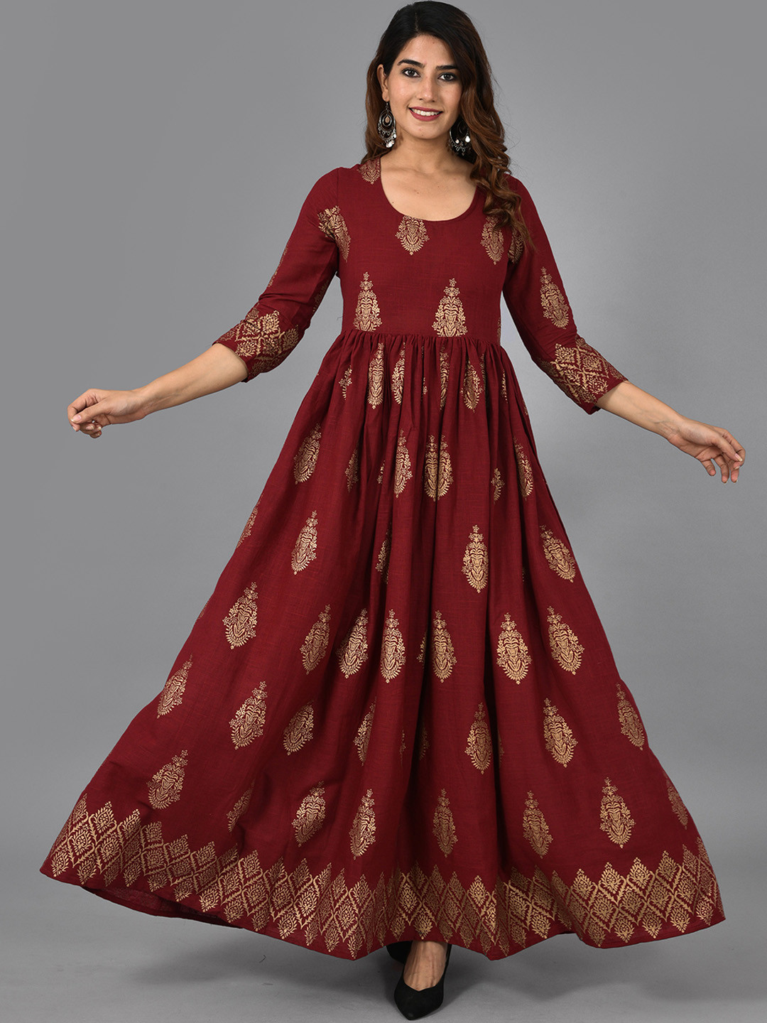 

AAYUMI Ethnic Motifs Printed Flared Anarkali Kurta, Maroon