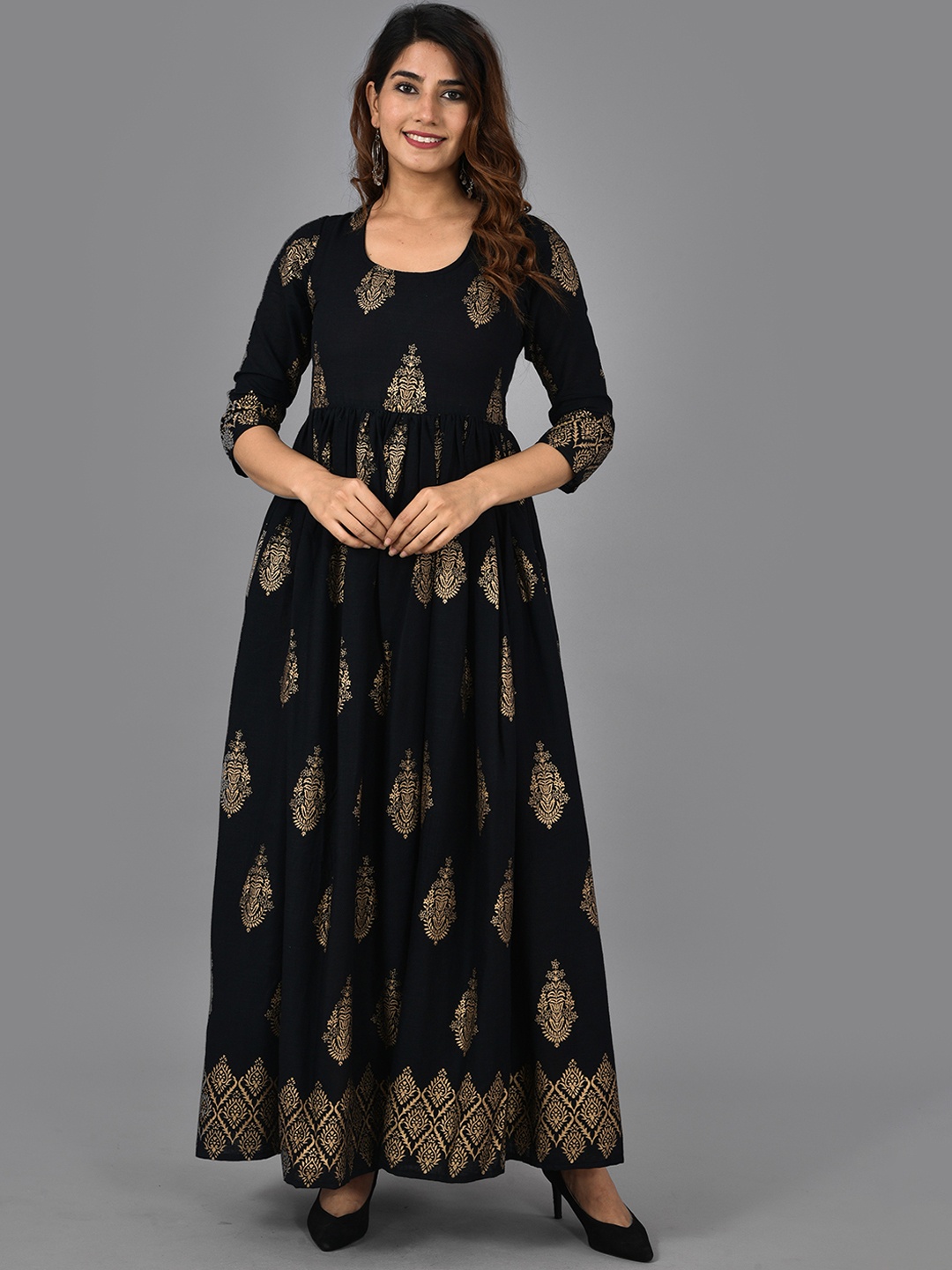 

AAYUMI Ethnic Motifs Printed Flared Anarkali Kurta, Black