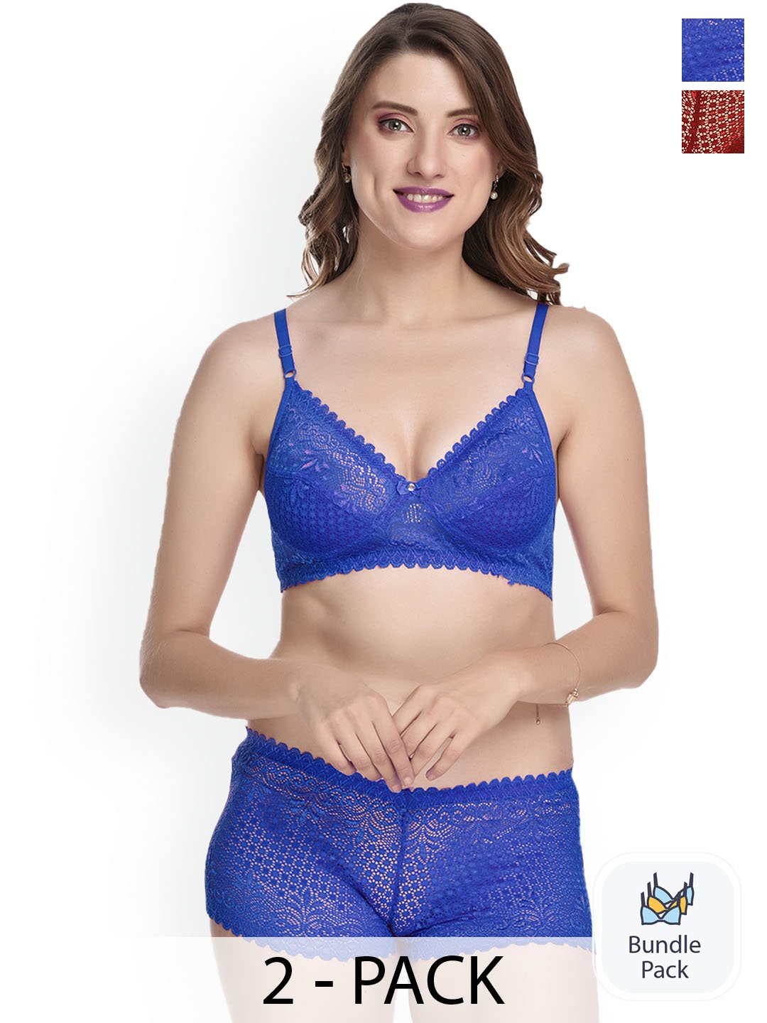 

Aamarsh Pack Of 2 Floral Laced Lingerie Set AK_Net Set_Blue,Maroon_30