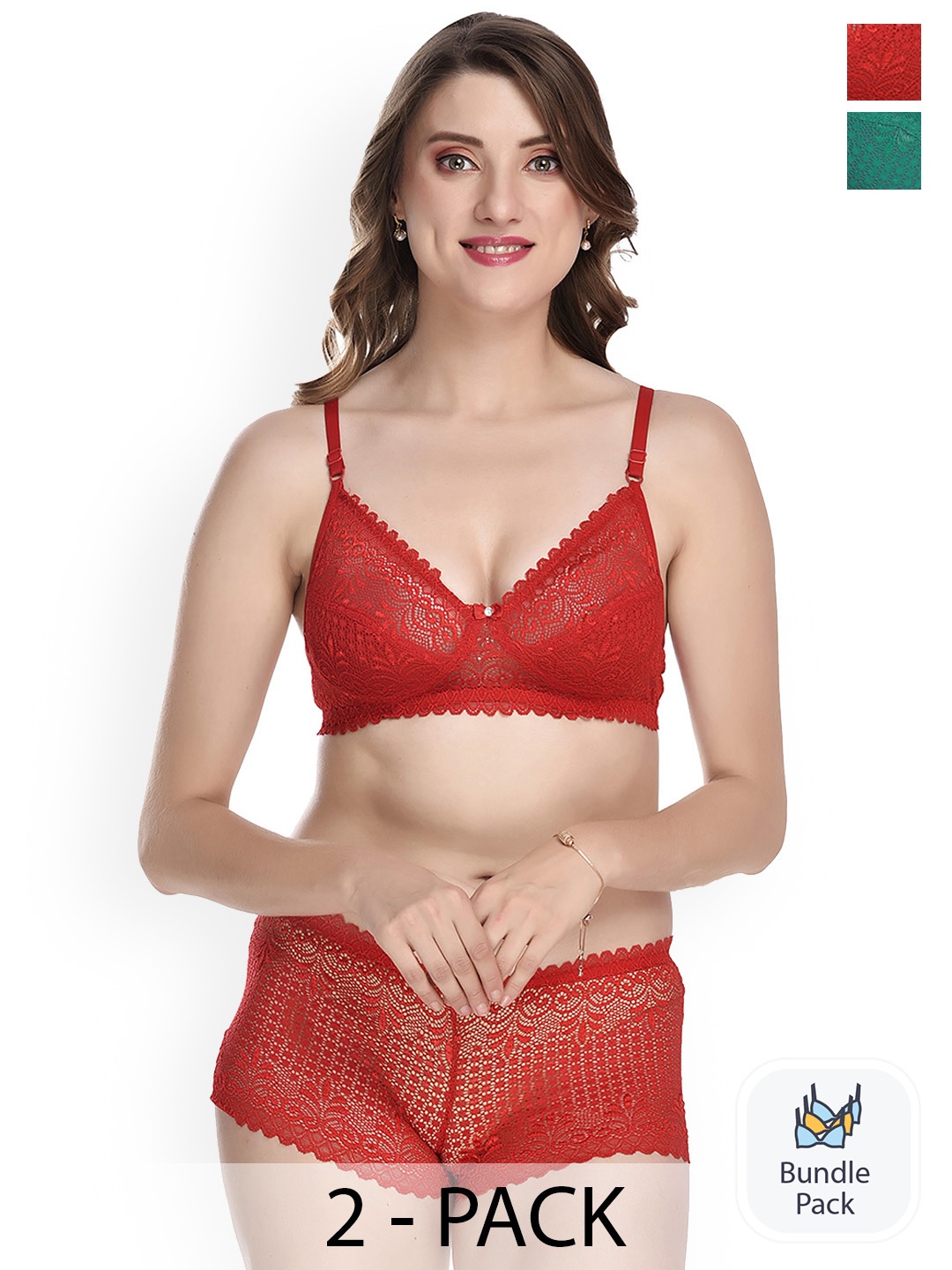 

Aamarsh Pack Of 2 Self Design Laced Cotton Lingerie Set, Red