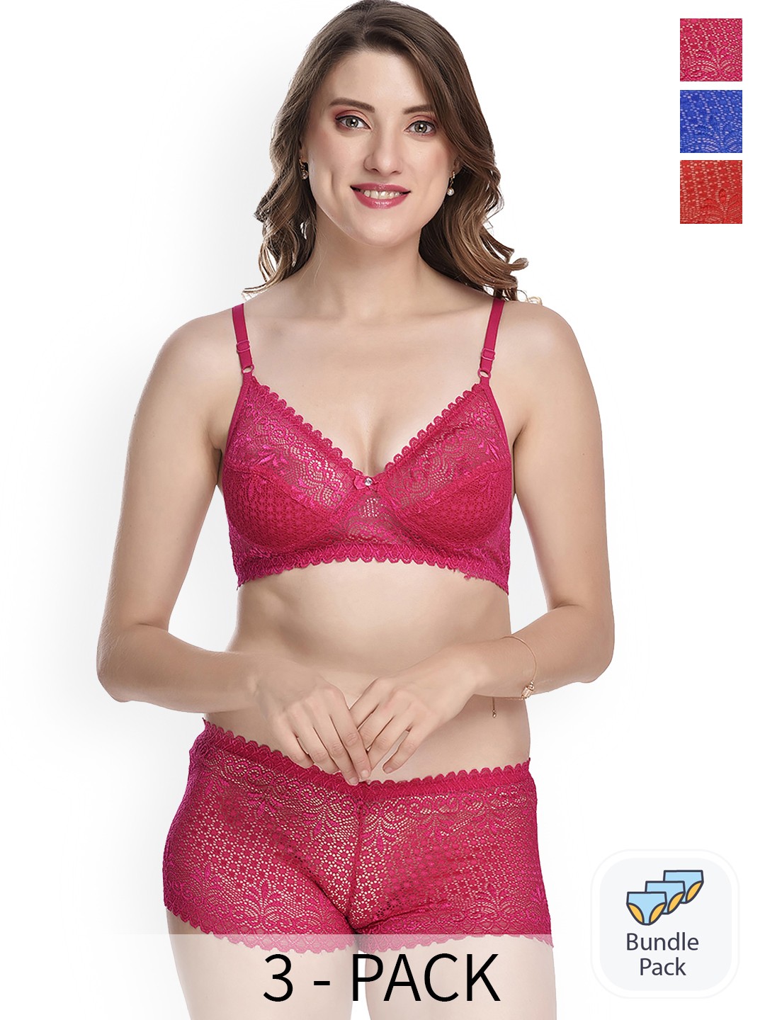 

Aamarsh Pack Of 3 Floral Laced Lingerie Set AK_Net Set_Red,Blue,Pink_30