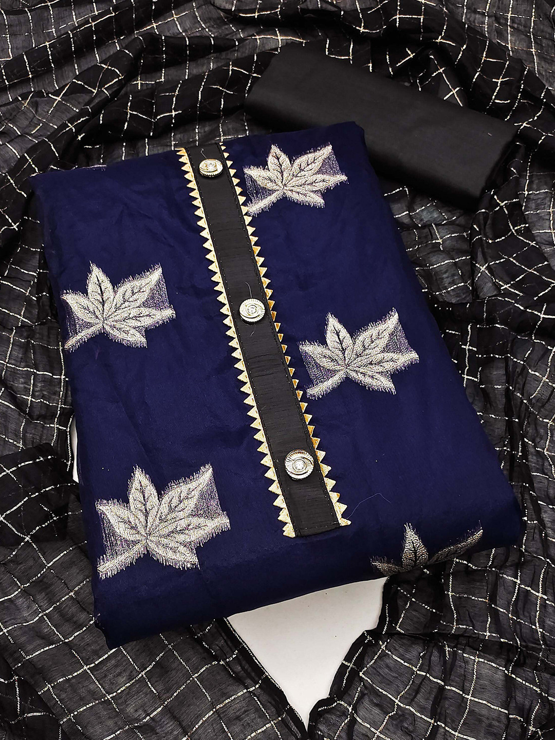 

KALINI Floral Woven Design Unstitched Dress Material, Navy blue