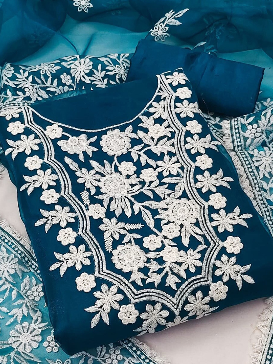 

KALINI Floral Embroidered Unstitched Dress Material, Teal