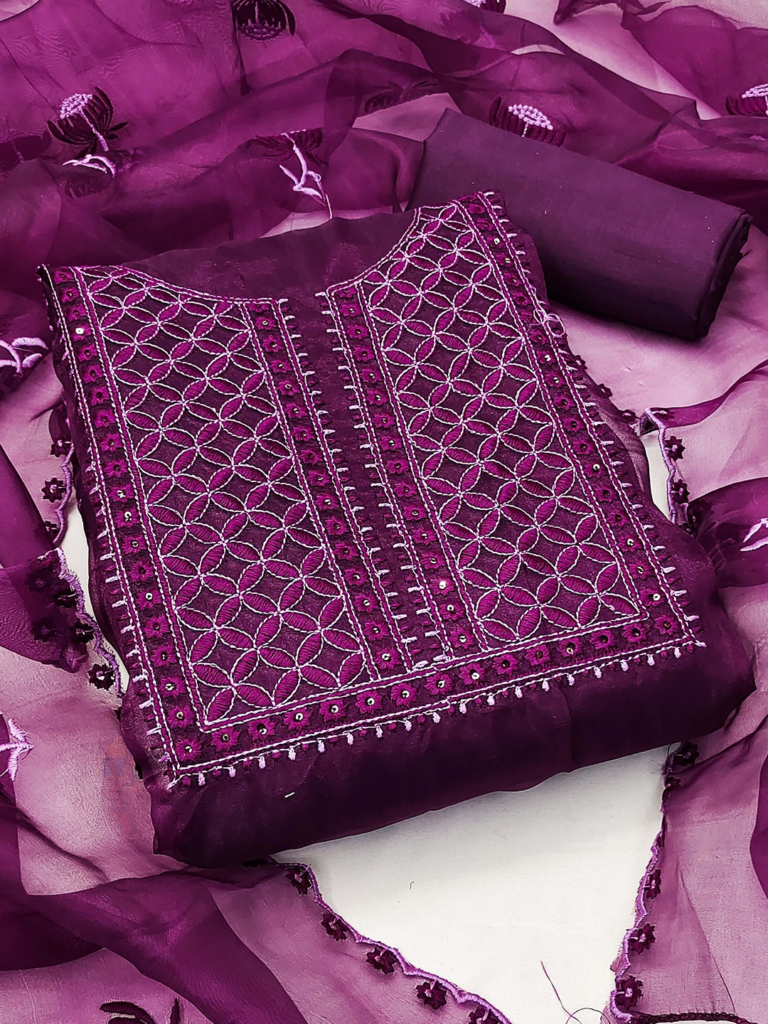 

KALINI Ethnic Motifs Sequinned Embroidered Organza Unstitched Dress Material, Purple