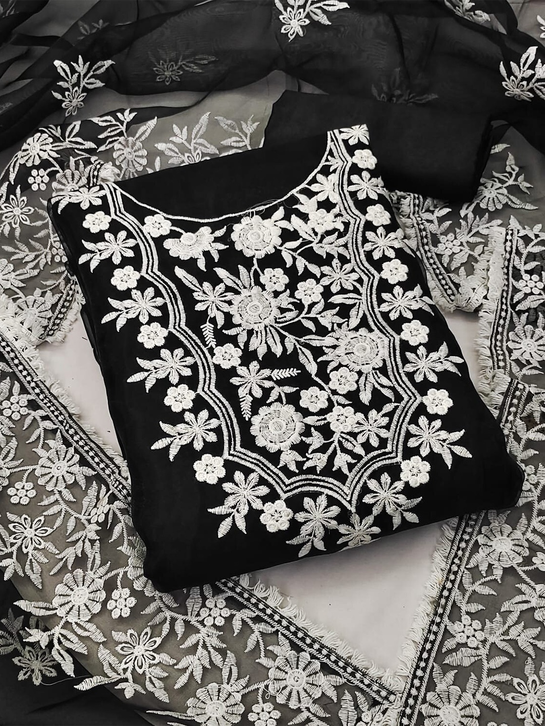 

KALINI Floral Embroidered Unstitched Dress Material, Black