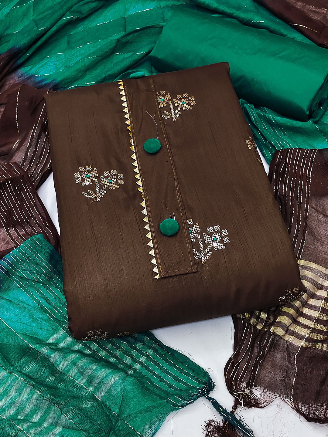 

KALINI Floral Embroidered Unstitched Dress Material, Brown