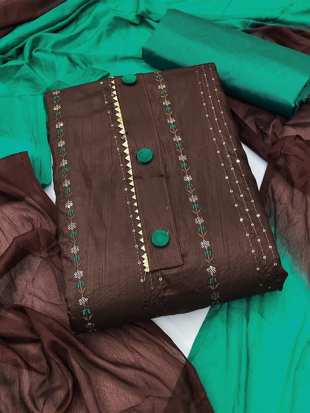 

KALINI Ethnic Motifs Embroidered Sequinned Detail Unstitched Dress Material, Brown