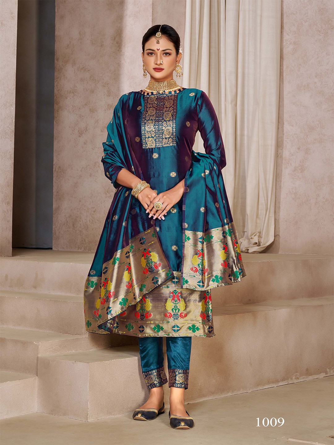 

KALINI Woven Design Zari Unstitched Dress Material, Teal