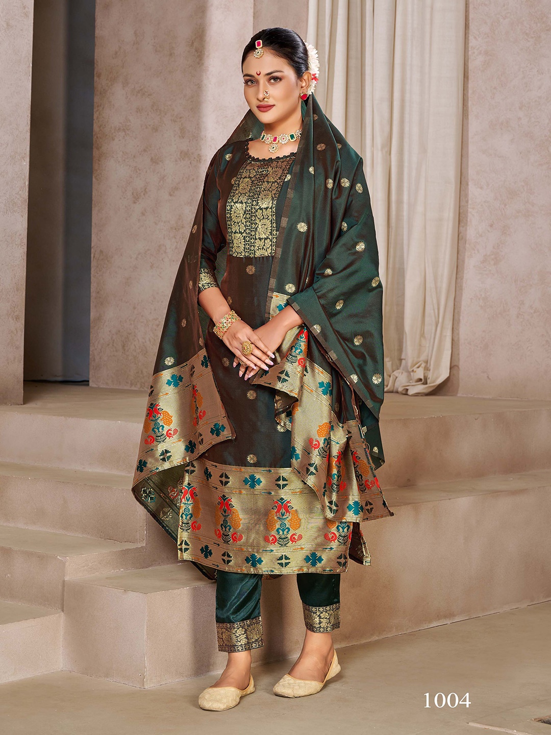 

KALINI Ethnic Motifs Woven Design Zari Unstitched Dress Material, Green