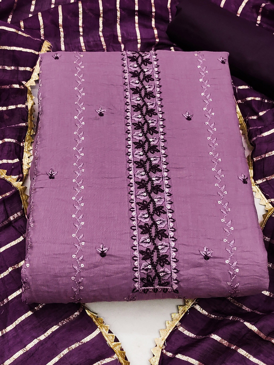 

KALINI Floral Embroidered Sequinned Unstitched Dress Material, Purple