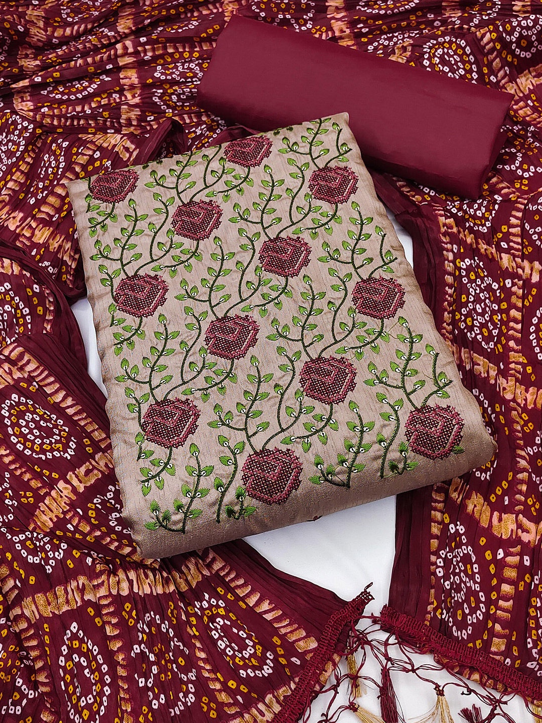 

KALINI Floral Embroidered Unstitched Dress Material, Brown