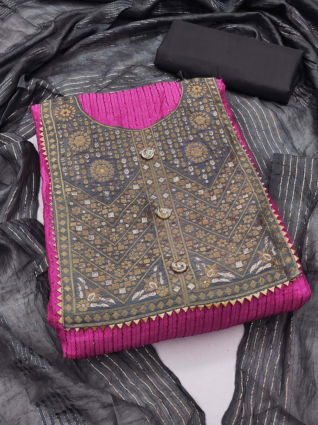 

KALINI Ethnic Motifs Embroidered Sequinned Chanderi Cotton Unstitched Dress Material, Pink