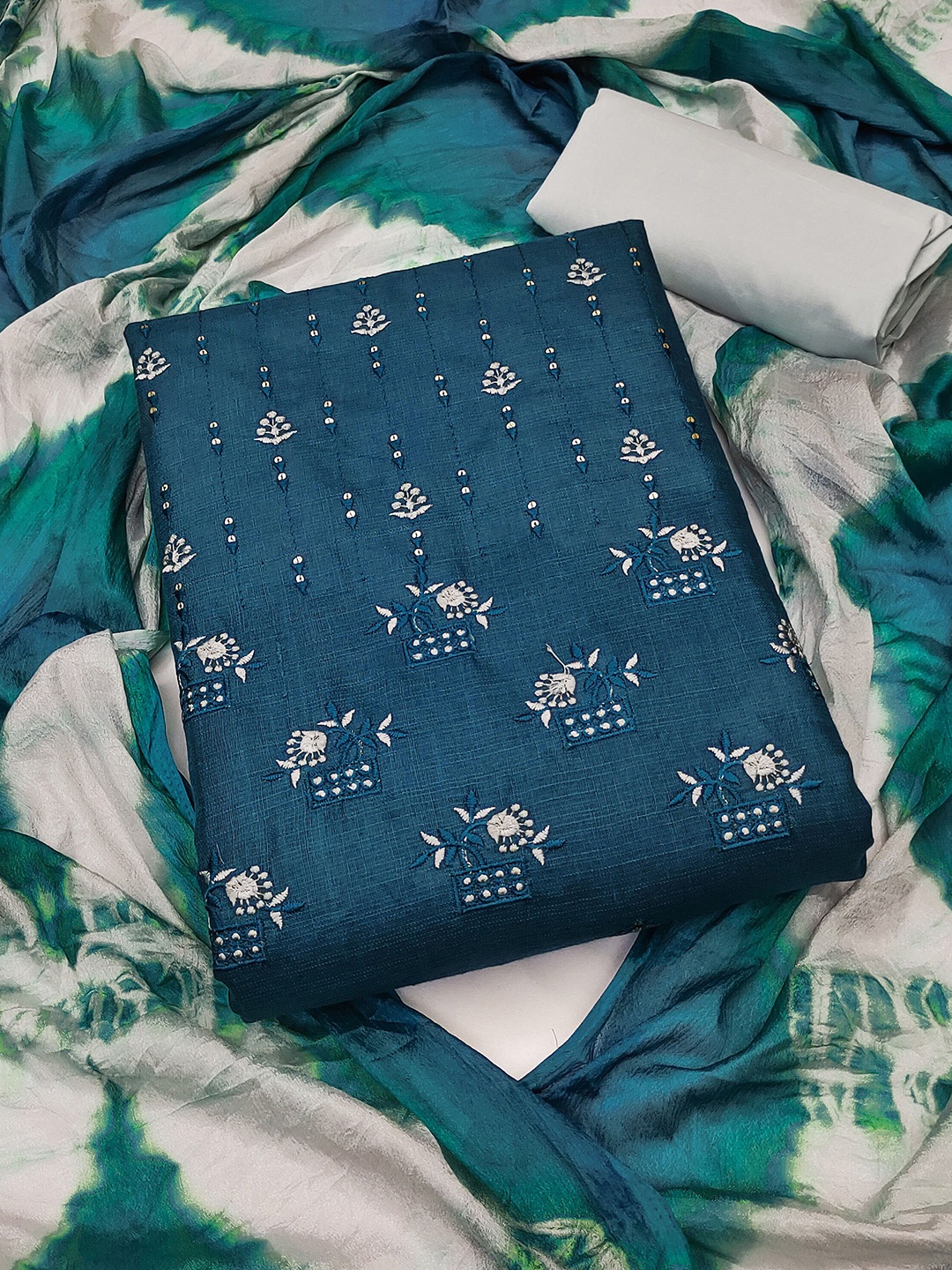 

KALINI Floral Embroidered Unstitched Dress Material, Blue