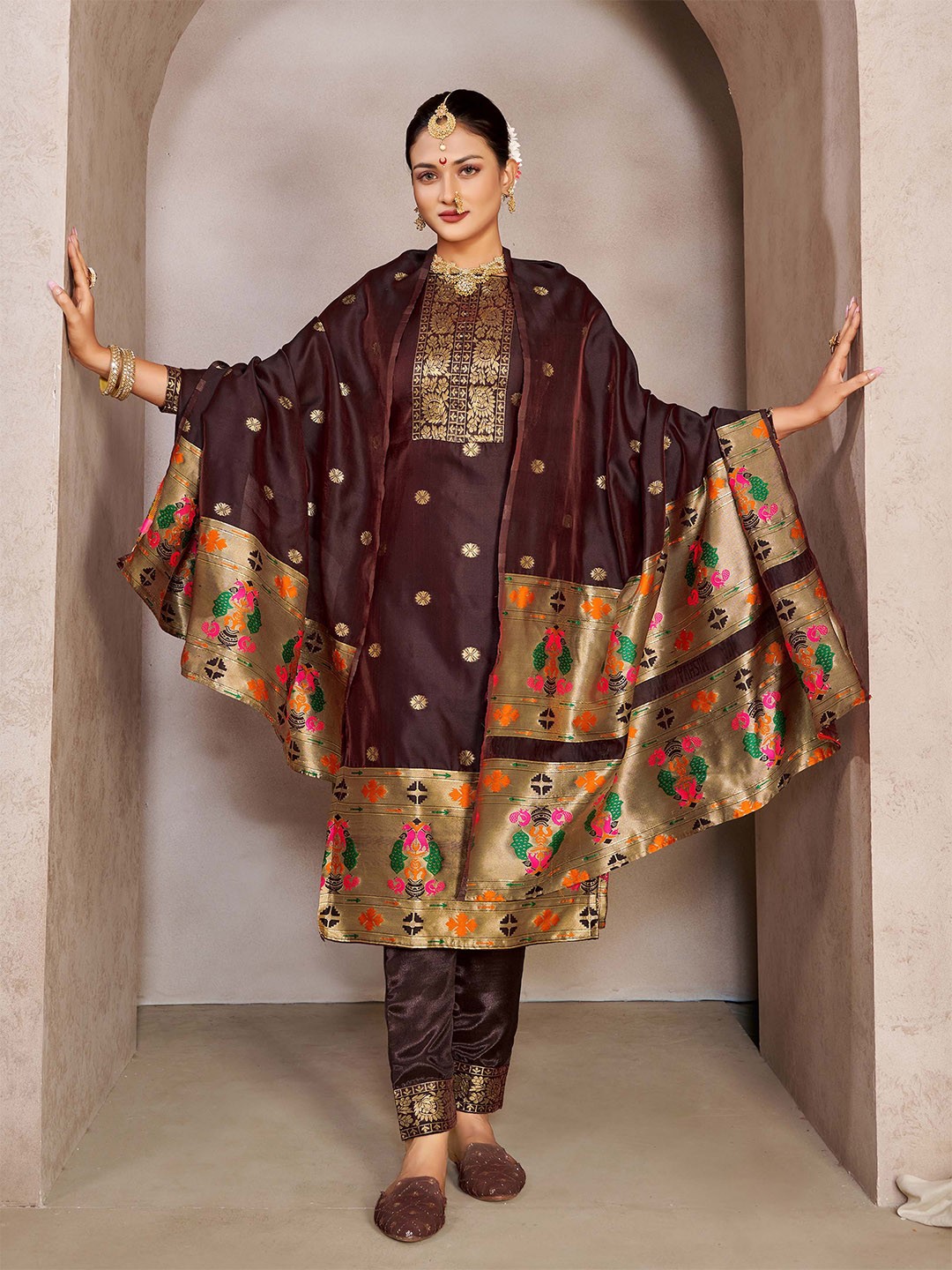 

KALINI Ethnic Motifs Woven Design Tapela Silk Unstitched Dress Material, Brown