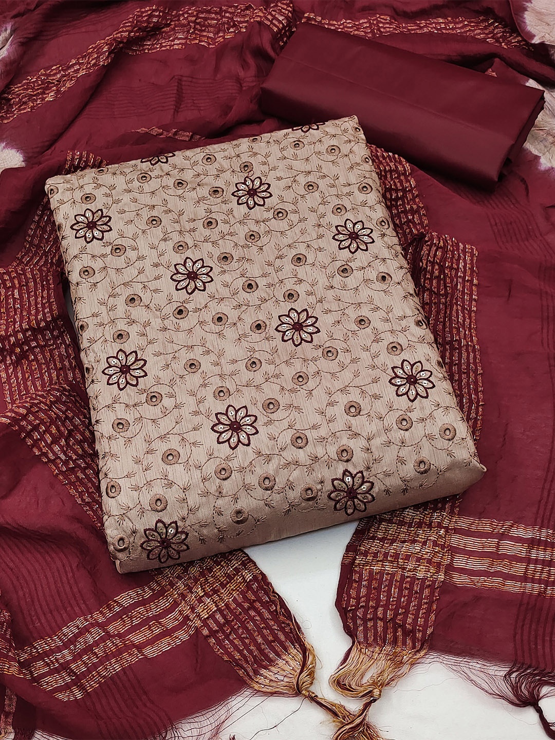 

KALINI Embroidered Unstitched Dress Material, Beige