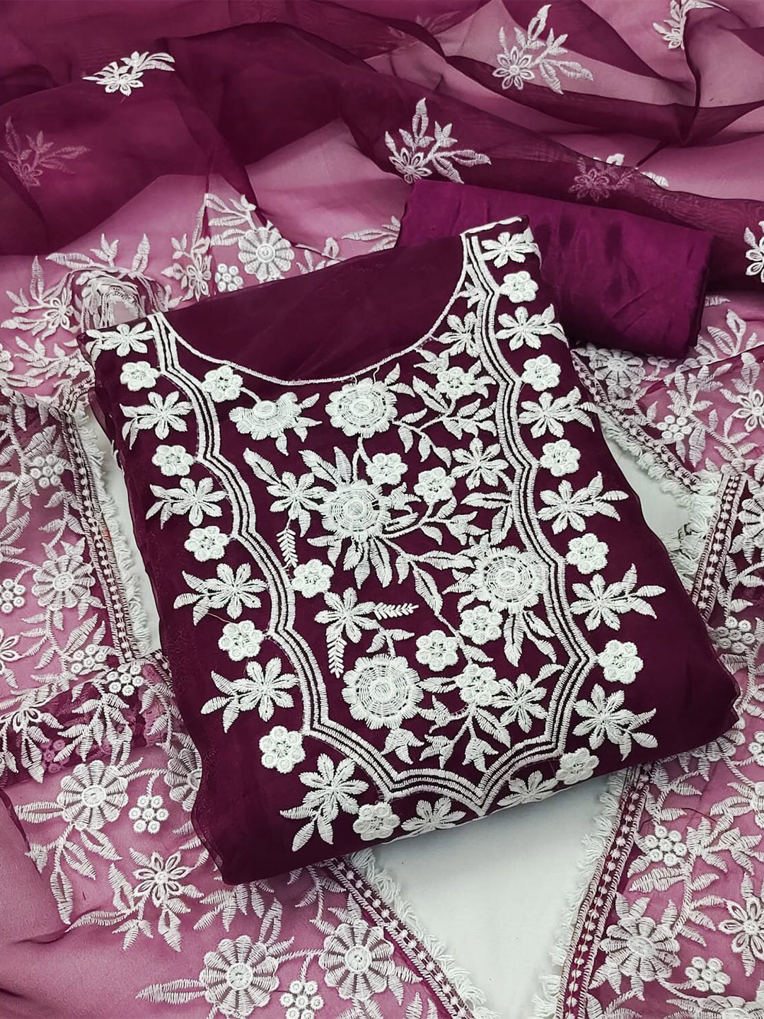 

KALINI Floral Embroidered Organza Unstitched Dress Material, Magenta