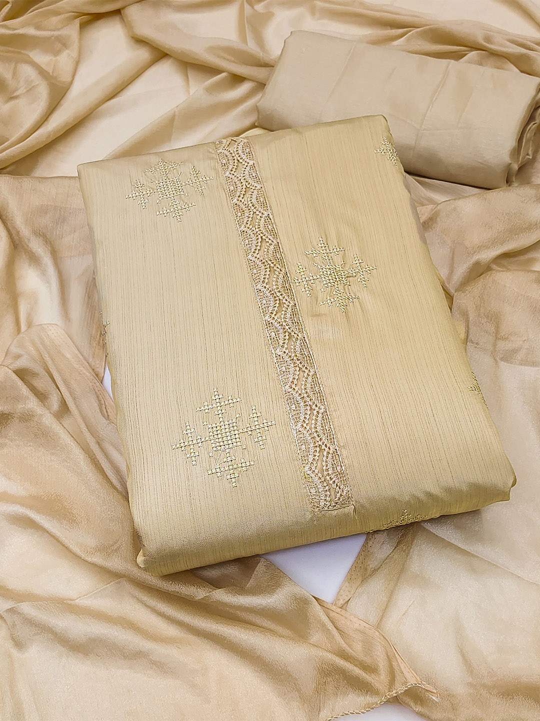 

KALINI Ethnic Motifs Embroidered Unstitched Dress Material, Beige