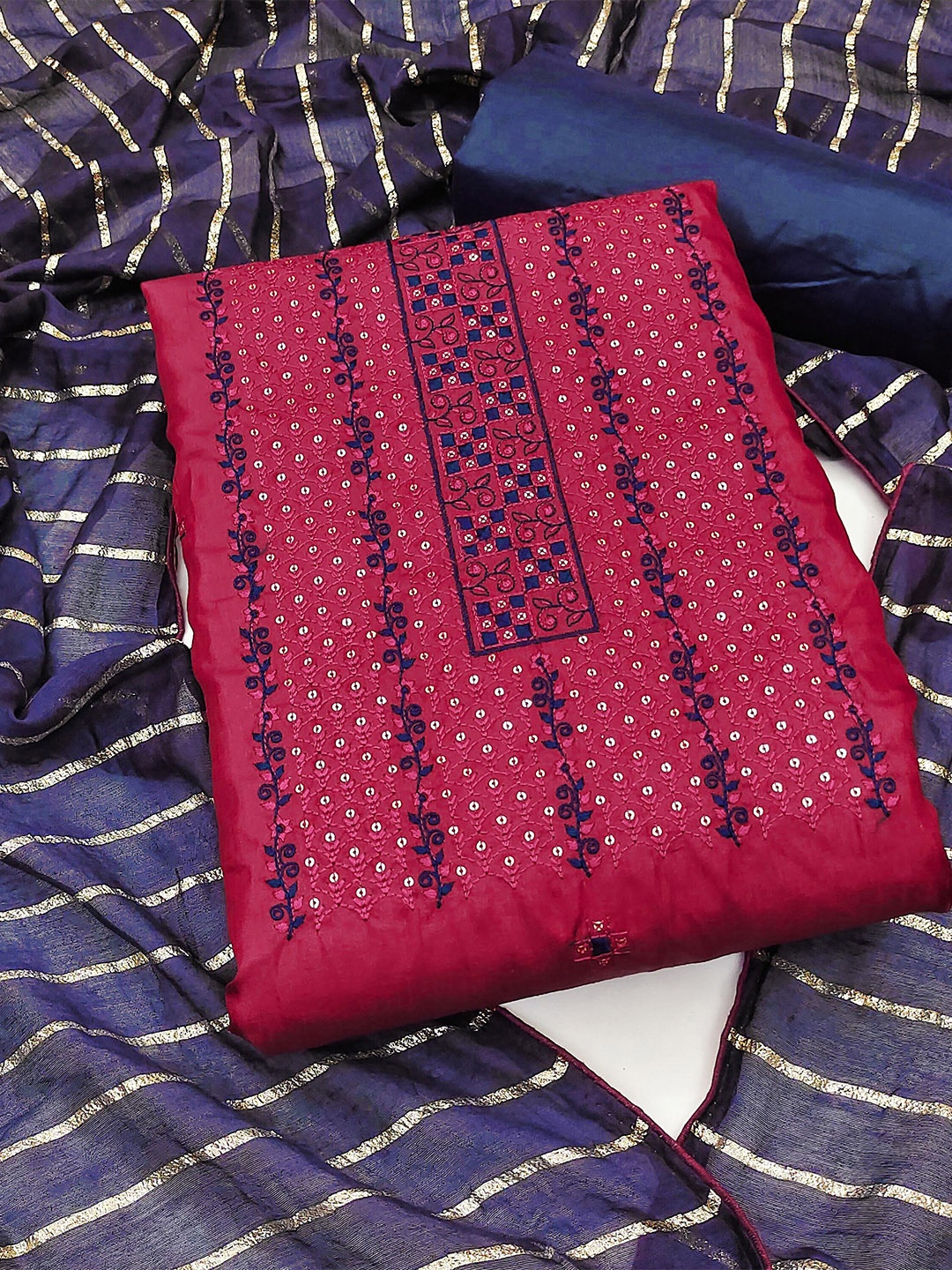 

KALINI Embroidered Unstitched Dress Material, Magenta