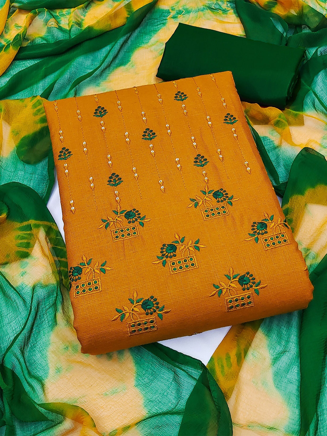 

KALINI Embroidered Unstitched Dress Material, Mustard