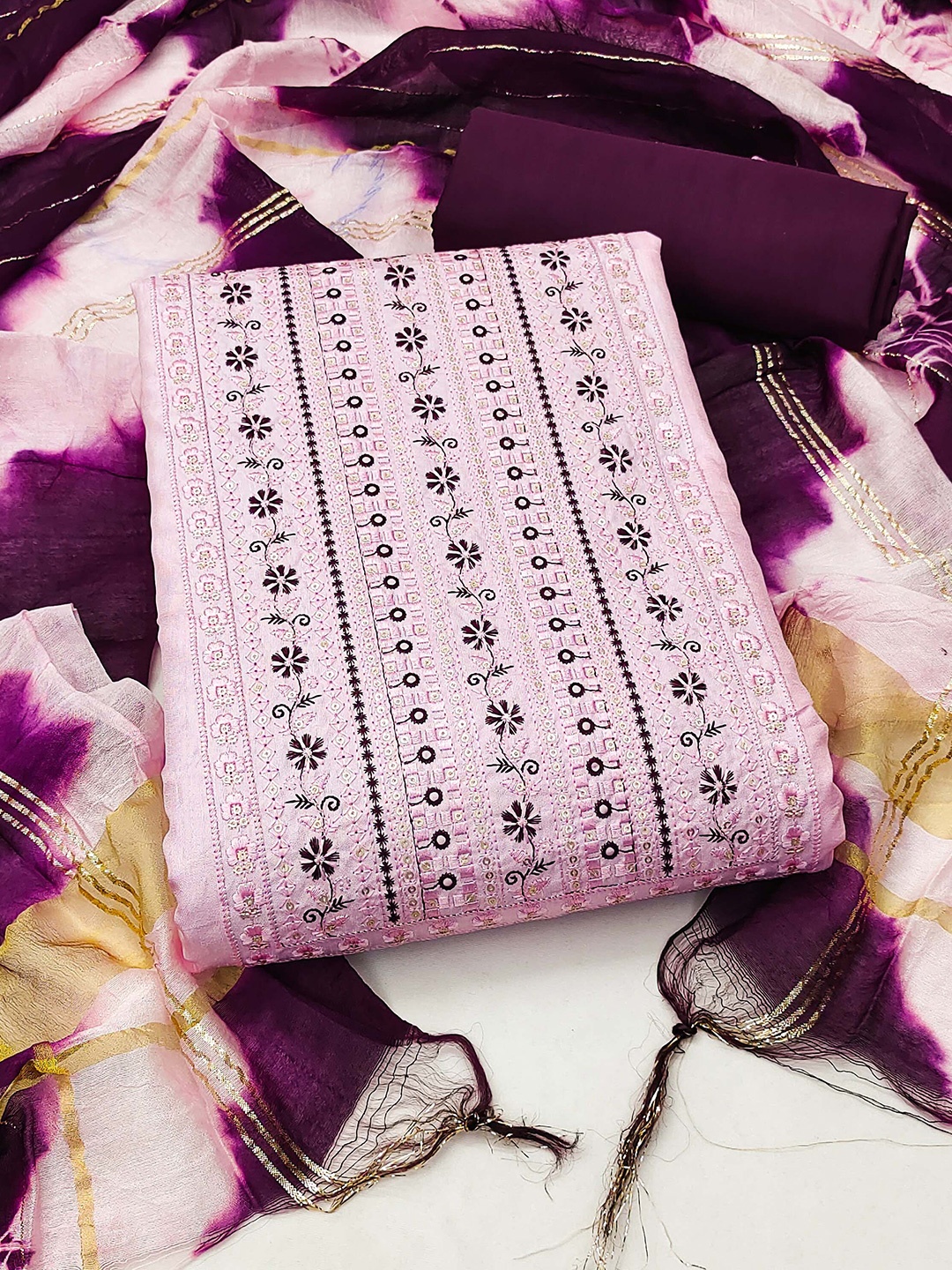

KALINI Floral Embroidered Sequinned Unstitched Dress Material, Purple
