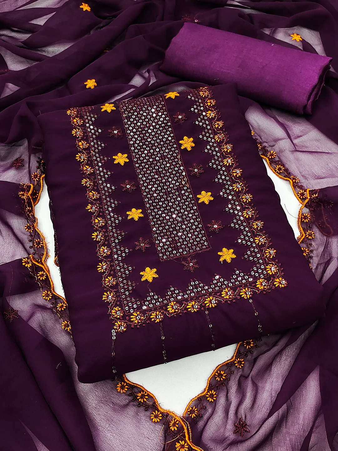 

KALINI Embroidered Silk Georgette Unstitched Dress Material, Purple