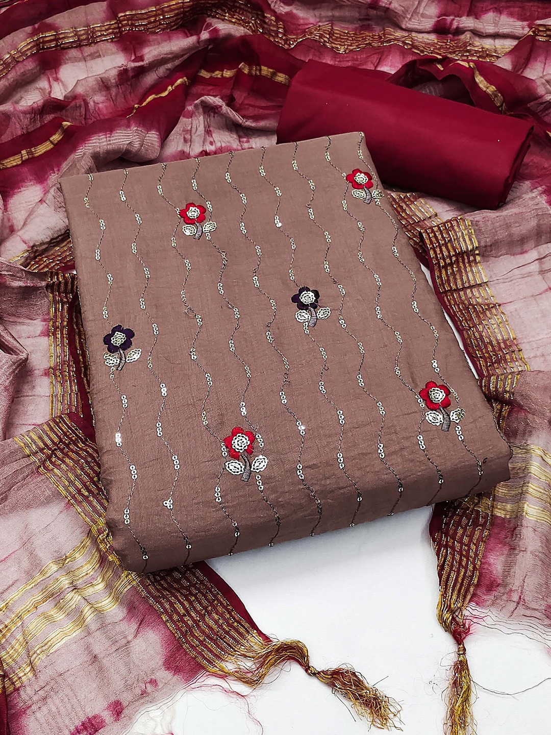 

KALINI Embroidered Unstitched Dress Material, Brown
